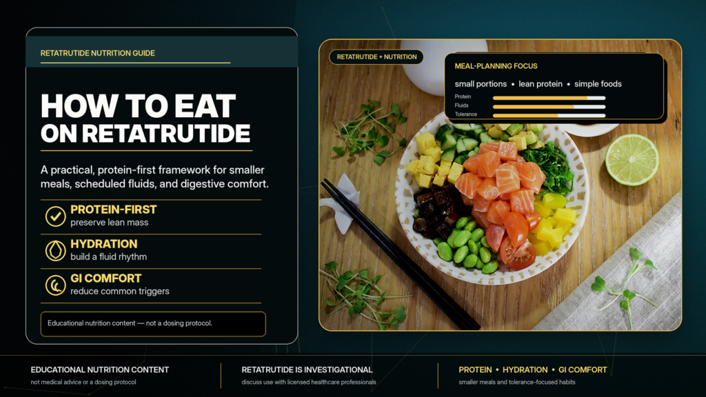 Retatrutide nutrition guide with balanced meal, vial illustration, and mountain laboratory background.