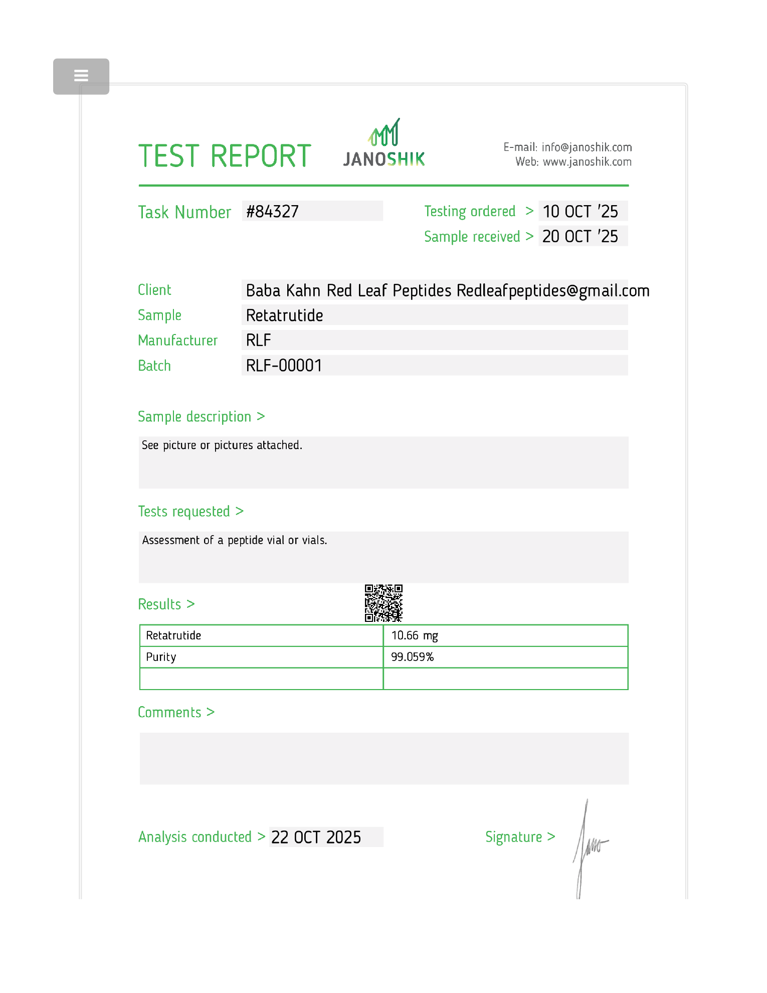 Janoshik Retatrutide COA – Red Leaf Peptides Batch RLF-00001 - Peptide Factory Canada Janoshik Retatrutide certificate of analysis for Red Leaf Peptides batch RLF-00001